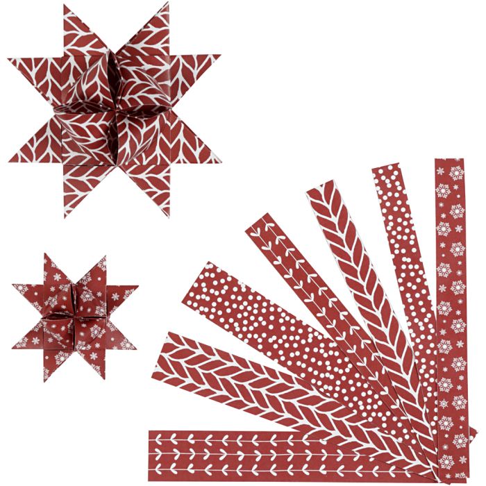 Papierstreifen für Fröbelsterne, L 44+78 cm, B 15+25 mm, D 6,5+11,5 cm, Rot, Weiß, 60 Streifen/ 1 Pck