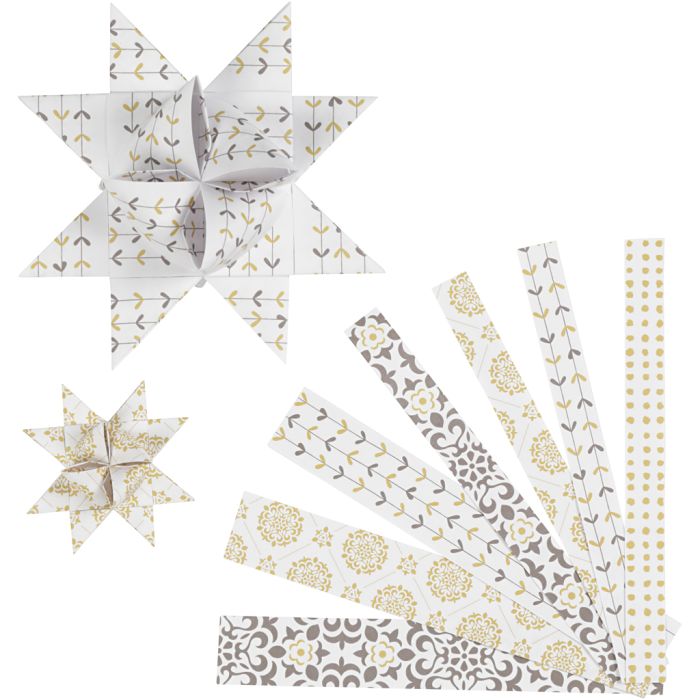 Papierstreifen für Fröbelsterne, L 44+78 cm, B 15+25 mm, D 6,5+11,5 cm, Gold, Weiß, 48 Streifen/ 1 Pck