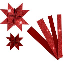Papierstreifen f&uuml;r Fr&ouml;belsterne, L 44+78 cm, D 6,5+11,5 cm, B 15+25 mm, Glitter,Lack, Rot, 40 Streifen/ 1 Pck