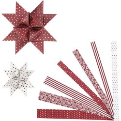 Papierstreifen f&uuml;r Fr&ouml;belsterne, L 44+78 cm, D 6,5+11,5 cm, B 15+25 mm, Rot, Wei&szlig;, 60 Streifen/ 1 Pck
